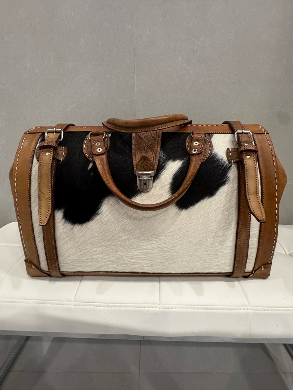 One of a Kind Cowhide Leather Travel Satchel - Black & White with Tan Trim